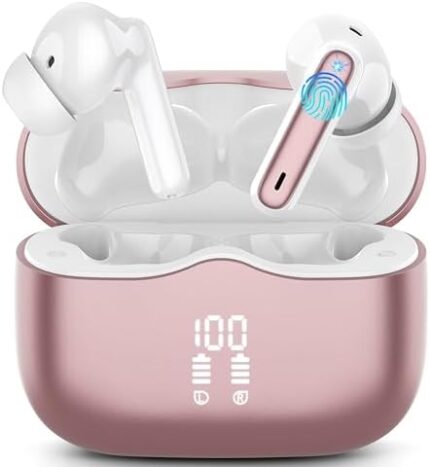 Wireless Earbud, Bluetooth 5.3 Headphones Deep Bass with 4 HD Mics, Wireless Headphones in Ear 36H Playtime, Bluetooth Earphones with Light Weight, IP7 Waterproof Ear Buds for Android IOS, Rosegold