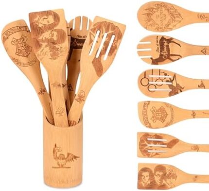 Wooden Spoons for Cooking Sets of 7 Pieces, Magical Bamboo Cooking Kitchen Utensils Kitchen Accessories Set Engraved Patterns Magic Cooking Spoons Mom Birthday Gift Thanksgiving Christmas