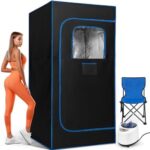 X-Vcak Portable Steam Sauna, Portable Sauna for Home, Sauna Tent Sauna Box with 2.6L Steamer, Remote Control, Folding Chair, 9 Levels, Black with Blue, 2.6’ x 2.6‘ x 5.9‘
