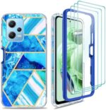 Xiaomi Note 12 Case,Redmi Note 12 5G Case,Xiaomi Poco X5 Case,with [3X Tempered Glass Screen Protector], Hard PC Bumper + Sofe TPU Shockproof Armor Impact Resistance Hybrid Marble Colorful Case - Blue