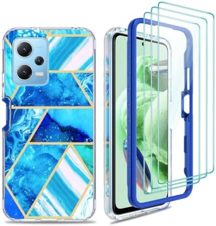 Xiaomi Note 12 Case,Redmi Note 12 5G Case,Xiaomi Poco X5 Case,with [3X Tempered Glass Screen Protector], Hard PC Bumper + Sofe TPU Shockproof Armor Impact Resistance Hybrid Marble Colorful Case - Blue