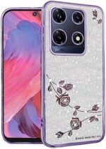 Yarxiawin for Infinix Note 30 Pro Case Clear Glitter Sparkle Luxury Shiny Infinix Note 30 Pro Phone Case Silicone TPU Soft Flower Transparent Shockproof Cover Pruple Thin (Silver-Purple)