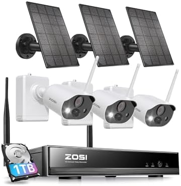 ZOSI C306PK 8CH 2.5K 4MP Solar Powered Wireless Security Camera System, 3 x 3MP Outdoor Battery Camera with Color Night Vision, Spotlight, 2-Way Talk, Light & Siren Alarm, 1TB HDD for 24/7 Recording