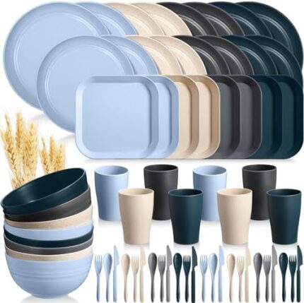 Ziliny 64 Pcs Wheat Straw Dinnerware Sets Unbreakable Plastic Plates Lightweight Bowls Dishes Cups Knives Forks Spoons Cutlery Dishwasher Microwave Safe for Camping Picnic Kid Adult (Classic Colors)