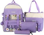 Zuobulaoji 4Pcs Set Kawaii Backpack with cute plush Pendants & Badge, High capacity School Bag Cute Aesthetic Backpack