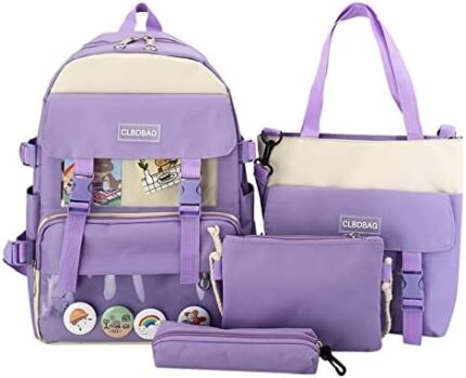 Zuobulaoji 4Pcs Set Kawaii Backpack with cute plush Pendants & Badge, High capacity School Bag Cute Aesthetic Backpack