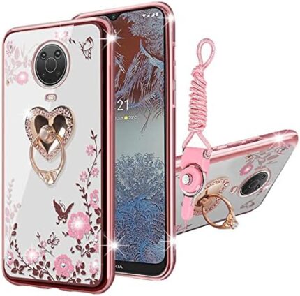 for Nokia G20 Case, Nokia G10 Case, Nokia 6.3 Case for Women Glitter Crystal Soft Tpu Bling Cute Butterfly Heart Floral Clear Protective Cover with Ring Kickstand+Strap for Nokia G20 (Rose Gold)