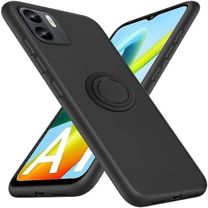 for Xiaomi Redmi A1/Redmi A2 Phone Case with Glass Screen Protector, 360° Rotatable Ring Holder Magnetic Kickstand/Stand Silicone TPU Shockproof Protective Cover Case for Xiaomi Redmi A1 4G - Black