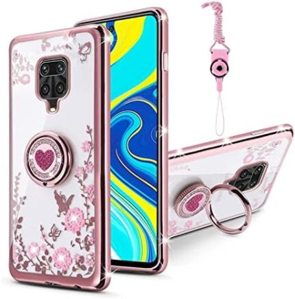 for Xiaomi Redmi Note 9 pro Case, Redmi note 9s case for Women Glitter Crystal Soft Bling Butterfly Heart Floral Clear Protective Cover with Kickstand+Strap for Redmi Note 9s/Note 9 pro (Rose Gold)