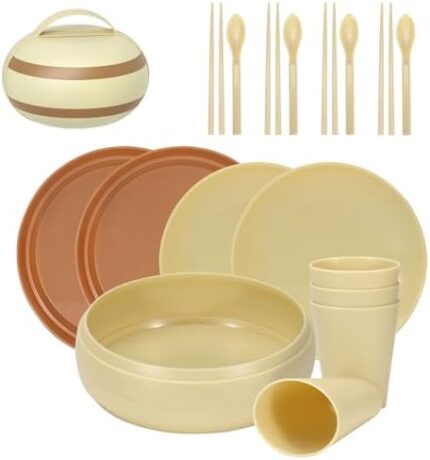 17 Pcs Stackble Plastic Camping Mess Kit with Plate Bowl Cup Spoon Chopstick, Portable Dishware Set for 4, Reusable Kitchen Camping Dinnerware Utensil Tableware for Travel Outdoor