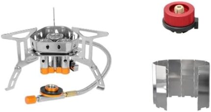 3-Core Burner Camping Stove with Fuel Canister Adapter, Folding Windshield and Storage Case, Portable Collapsible Camp Stove Set for Outdoor Backpacking Hiking Picnic