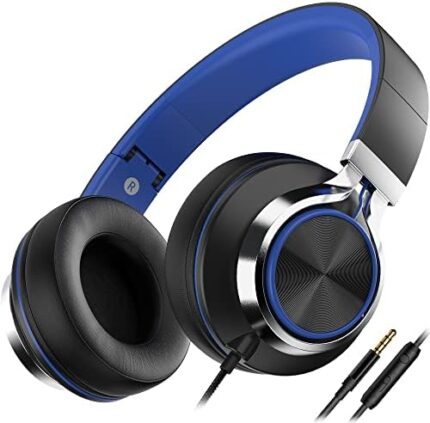 AILIHEN C8 Headphones Wired, On-Ear Headphones with Microphone and Volume Control Foldable Corded Stereo 3.5mm Headset for Smartphones Chromebook Laptop Computer PC Tablets Travel(Black/Blue)