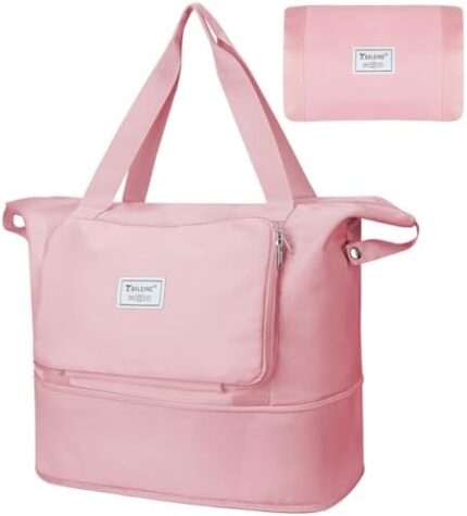 BALEINE Travel Tote Bag for Women, Weekender Carry-on Tote, Large Duffel Bag Gym Bag Overnight Bag with Wet Compartment (Pink, Expandable)
