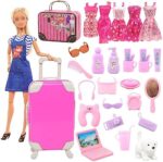 BARWA 32 Pcs Doll Suitcase Luggage Travel Clothes and Accessories for 11.5 inch Girl Doll Travel Carrier Storage, Including 1 Luggage 1 Suitcase 23 Travel toiletries 5 Dresses 1 Puppy 1 Computer…