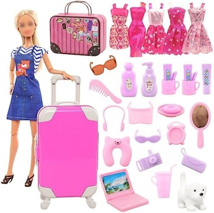 BARWA 32 Pcs Doll Suitcase Luggage Travel Clothes and Accessories for 11.5 inch Girl Doll Travel Carrier Storage, Including 1 Luggage 1 Suitcase 23 Travel toiletries 5 Dresses 1 Puppy 1 Computer…