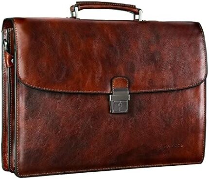 Banuce Vintage Full Grain Italian Vegetable Tanned Leather Briefcase for Men with Lock lawyer Bag Attache Case 15.6 Inch Laptop Business Work Bag Brown