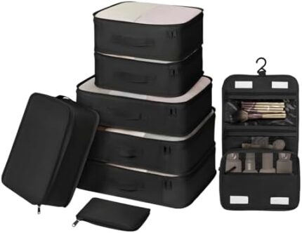 DIMJ Packing Cubes for Travel With Toiletry Bag Packing Cubes Carry on Luggage Cubes Packing for Clothes/Shoes/Underwear/Cosmetics/Travel Accessories (Black)