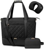 Gym Bag for Women, 3 pcs Set Expandable Travel Duffel Bag with Toiletry Bag & Neck Pillow, Carry on Tote Overnight Bag, Weekender Bag with Shoe Compartment,Hospital Bag, (Large-Black)