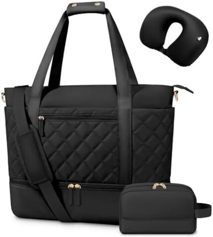 Gym Bag for Women, 3 pcs Set Expandable Travel Duffel Bag with Toiletry Bag & Neck Pillow, Carry on Tote Overnight Bag, Weekender Bag with Shoe Compartment,Hospital Bag, (Large-Black)