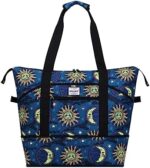 HAWEE Expandable Duffel Bag for Women with Trolley Sleeve and Wet Pocket Water Repellent Weekender Travel Tote Large Capacity Carry On Overnight Luggage for Gym/Trip/Camping/Beach, Sun and Moon