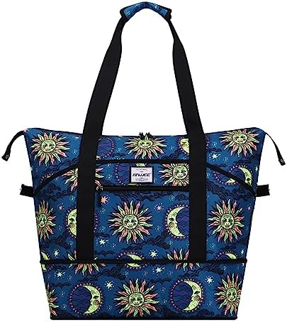 HAWEE Expandable Duffel Bag for Women with Trolley Sleeve and Wet Pocket Water Repellent Weekender Travel Tote Large Capacity Carry On Overnight Luggage for Gym/Trip/Camping/Beach, Sun and Moon