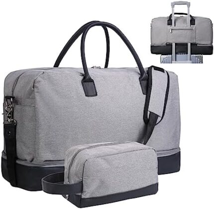 Inspack Duffel Bag with Shoe Compartment for Men/Women, 45L Gym Sports Bags with Trolley Sleeve, 22x14x9 Carry on/Weekender/Travel Tote/Duffle/Overnight Bag（Grey）