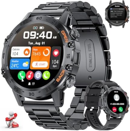 LIGE Smart Watches for Men, 1.39" Military Smartwatch with SpO2, Sleep Monitor, Step Counter, 24/7 Heart Rate, Tactical Fitness Watch with 100+ Sports Modes, Make/Answer Call, Metal Band, Black