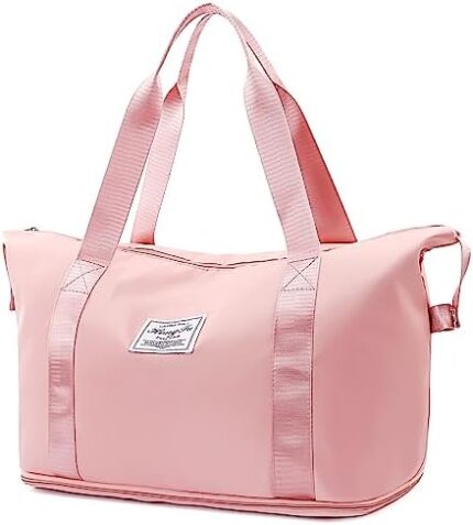 Large Capacity Folding Duffel Bag With Trolley Sleeve - Lightweight Weekender Carry On Bag for Travel and Sports - Pink