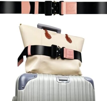 Luggage Straps for Carry On, Tuegher Add a Bag Travel Belt, Hands Free Luggage Helper, Adjustable and Stylish Belt with Metal Buckles for Second Bag, Tote, Airport Travel Accessory (Pink)