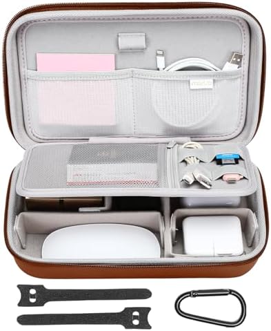 MOSISO Electronic Organizer Travel Case Compatible with MacBook Power Adapter, Compatible with Magic Mouse & Pencil, SD Card, USB Flash Disk with 4 Modular Insert & 2 Cable Tie & Snap Hook, Brown
