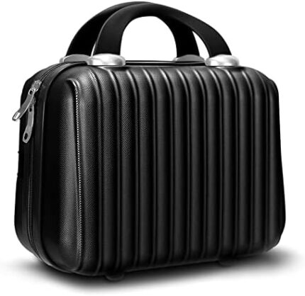 Makeup Travel Case 11 inch Hard Shell Cosmetic Organizer Bag Small Portable Make up Train Hand Luggage with Elastic Strap ABS Mini Suitcase Valentines Day Gifts for men girls, Black