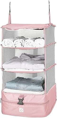 Minmallife Travel Hanging Shelves - Portable Hanging Travel Shelves - Luggage Compartments - Packable Hanging Shelves - Travel Mobile Closet Small (Pink) - 30x30x64cm