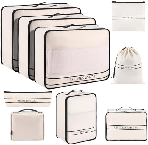 Ougrand 9 Set Packing Cubes Luggage Packing Organizers for Travel Ougrand 9 Set Packing Cubes Luggage Packing Organizers for Travel Accessories Space Saving Travel Bags for Carry On, Lightweight Mesh Zipper, Clothes, Shoes, Laundry and Shoe Bag, Suitcases (Cream)