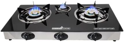 RegiisCook 3 Burner Propane Gas Cooktop,Camping Portable LPG Gas Stove, Auto Ignition Tempered Glass Countertop with regulator for Outdoor Kitchen,Camping,RV