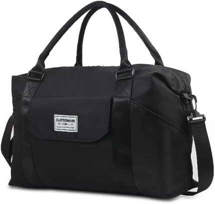 SUPROMOMI Travel Duffel Bag, Sports Tote Gym Bag, Carry on Bags for Airplanes, Shoulder Weekender with Wet Pocket, Nylon Overnight Crossbody Bag for Women, Yoga Travel must haves Large Bag Black