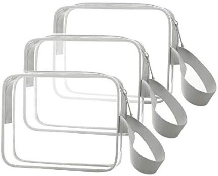 Sariok 3pcs/pack Clear Toiletry Bag with Zipper TSA Approved Travel Cosmetic Bag PVC Make-up Pouch Handle Straps for Women Men, Carry On Airport Airline Compliant Quart Bags 3-1-1 Kit Luggage