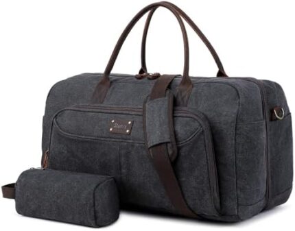 Stuery Duffle Bag for Men, 53L Travel Duffel Bag with Toiletry Bag Genuine Leather Canvas Weekend Overnight Gym Bag for Men Carry on, Black