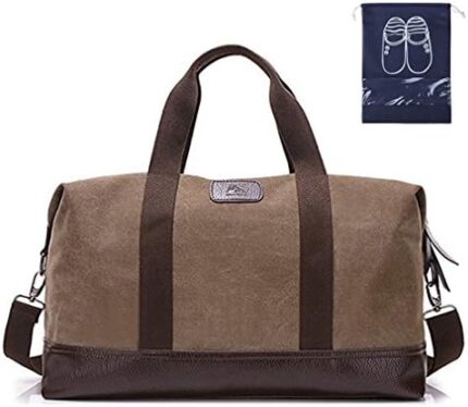 Sunshinejing Women Canvas Weekender Travel Tote Overnight Duffel Bag PU Trim Carry on Bags (Brown)