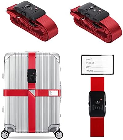 Veki Cross Luggage Straps Set TSA Approved with Lock Adjustable Travel Suitcase Belts Suitcase Tags with Name ID Card Packing Straps for Suitcases Strap Travel Accessories (Red*2pcs)