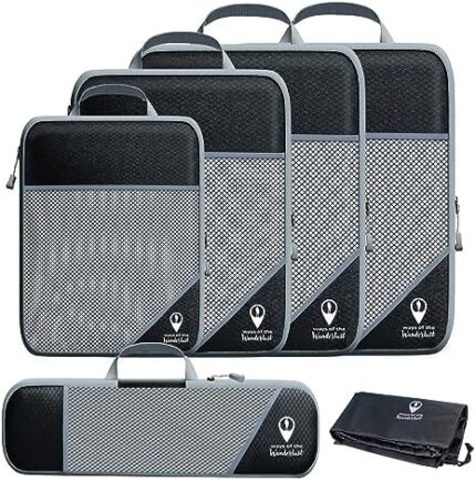 Ways of the Wanderlust 5 Compression Packing Cubes for Travel w/Shoe Bag (6 Piece Set) - Expandable Travel Compression Bags for Packing - Suitcases, Backpack & Luggage Compression Cubes (Black)