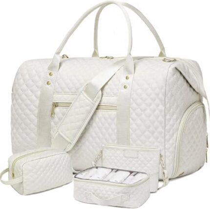 Weekender Bags for Women,4PC Duffle Bag with Shoe Compartment Carry on Overnight Bags with Toiletry Bag & Wet Pocket,20"Large Weekend Gym Bag for Business Trips, Sports, Hospital,Beige