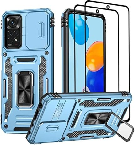 Wefor XiaoMi RedMi Note 11 (4G) Case with Slide Camera Cover, 360°Magnetic Ring Kickstand Upgraded Military Grade Shockproof Case with Magnetic Car Mount Holder for XiaoMi RedMi Note 11 (4G) (Blue)
