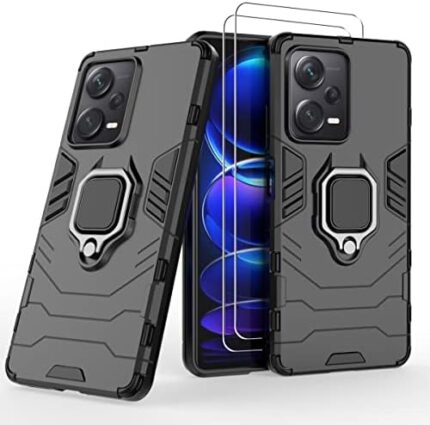 ZMONE Phone Case for Xiaomi Redmi Note 12 Pro Plus 5G Case with Glass Screen Protector [2 Pack] Heavy Duty Dual Layer Military Grade Shockproof Protective Cover with Magnetic Ring Kickstand - Black