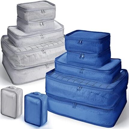 12 Set Packing Cubes Suitcases Travel Luggage Organizer Bags with Shoe Storage Bag for Woman Man Travel Accessories Essential (Navy, Grey)