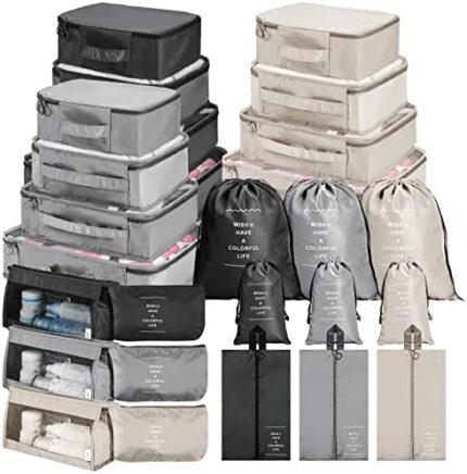 27 Set Packing Cubes for Suitcase Lightweight Luggage Organizer Bags for Travel Accessories Luggage Storage Bag Traveling Cubes with Toiletry, Shoes, Underwear Bag (Beige, Black, Gray)