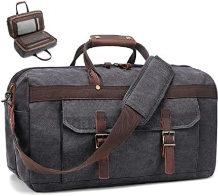 Duffle Bag for Men Waterproof Genuine Leather Canvas Travel Duffel Bags for Women Overnight Weekender Bag for Traveling, Black
