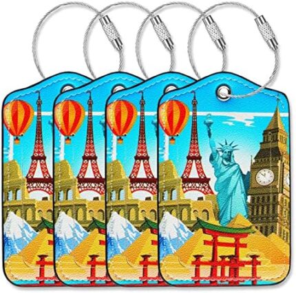 Gowraps Luggage Tags for Suitcases-Leather Luggage Tag 4 Pack with Loops Cute Bag/Backpack/Suitcase Tags Travel Accessories Must Haves