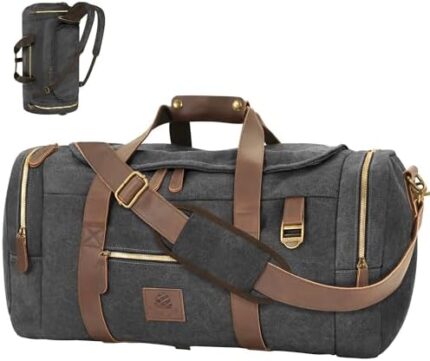 Vintage Canvas Duffle Bag, 50L Genuine Leather Travel Duffel Backpack Multifunctional Overnight Weekender Bag with Shoes Compartment (Black)